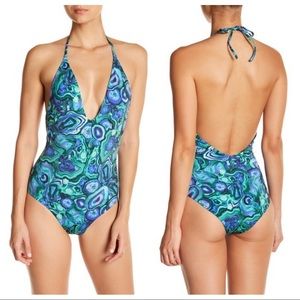 NWOT Onia Nina halter one piece blue green Large